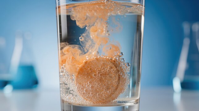 Effervescent tablet dissolving in a clear glass of water, creating bubbles and swirling orange cloud-like patterns.
