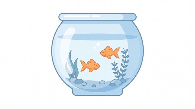 Two Goldfish in a Bowl: A charming illustration of two vibrant goldfish swimming in a clear glass bowl, surrounded by aquatic plants and decorative stones, creating a serene underwater scene.