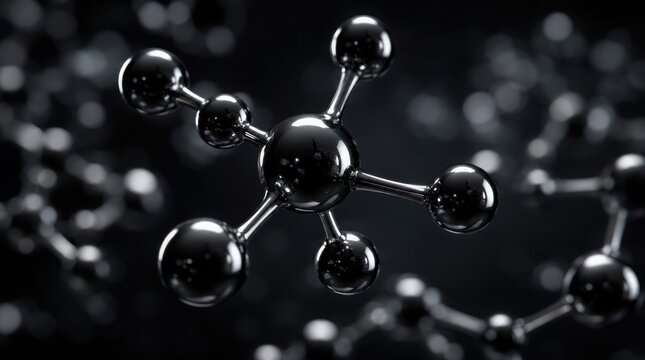 A sleek, black 3D molecular structure with reflective spheres connected by rods, representing atoms and bonds against a dark, blurred background.