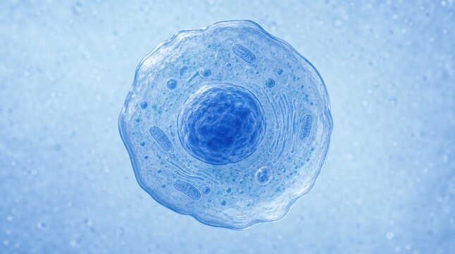 A detailed 3D illustration of a single animal cell showing its nucleus and internal organelles in a blue translucent style.
