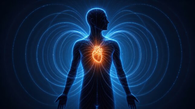 A glowing heart radiates electromagnetic fields within a silhouetted human figure, illustrating the connection between human biology and energy.