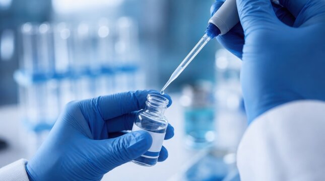 A scientist wearing blue gloves uses a dropper to transfer liquid into a small vial in a laboratory setting.