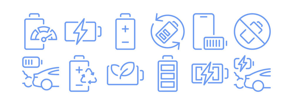Car battery icon set, automotive charging symbols, exhaust emission warnings, plus minus terminal marks for vehicle maintenance, recycle arrows isolated flat illustration.
