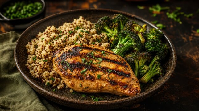 Grilled chicken breast served with quinoa and roasted broccoli on a dark plate, garnished with herbs for a healthy, balanced meal.