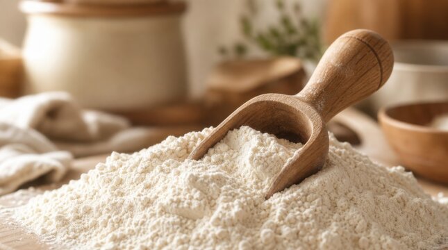 A wooden scoop rests on a heap of fine flour in a warm, rustic kitchen setting.