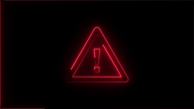 Red warning triangle with an exclamation mark icon, neon white outline, glowing effect, abstract gradient background, black background.animation video