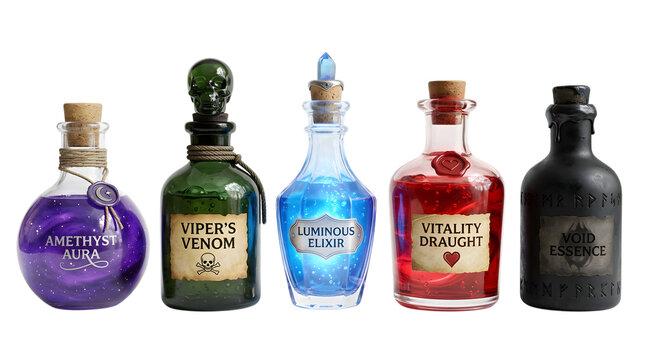 Set of magical potion bottles including halloween pumpkin jack o lantern scary pumpkin carved pumpkin spooky pumpkin decoration isolated on transparent background