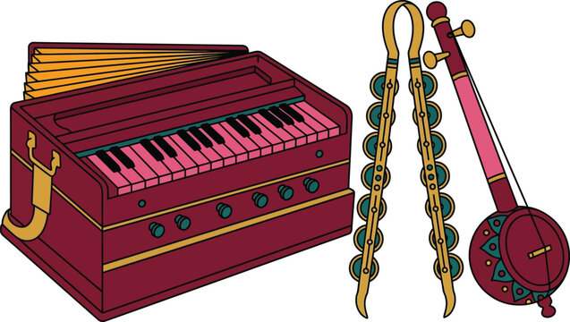 Traditional Indian musical instruments vector, harmonium with ektara and khartal, folk music equipment set for cultural events