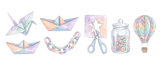 Obraz premium Watercolor craft clipart origami set featuring paper boat crane hot air balloon buttons scissors elements for DIY scrapbooking creative design project isolated on black background.