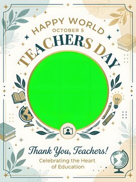 World Teachers Day celebration frame with green screen placeholder for portrait photo.