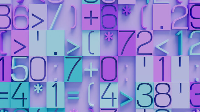 Vibrant 3D Textured Composition of Mathematical Symbols, Numbers, and Operators on Gradient Purple Background, Ideal for Educational Materials, Digital Design, and Creative Projects