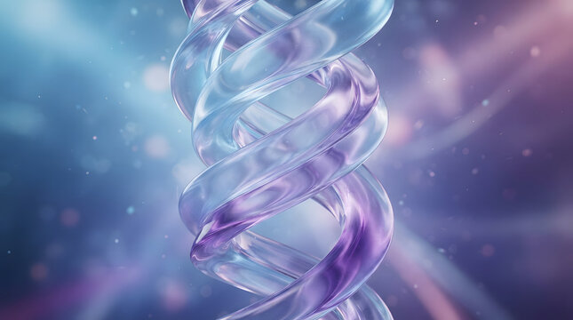 Abstract translucent spiral DNA strand glowing with purple and blue light rays in cosmic space DNA structure translucent helix abstract science glow