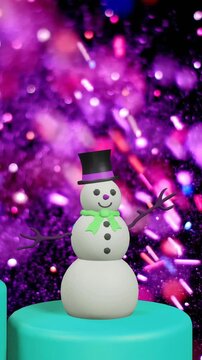 Animation of colorful sprinklers splashing on rotating christmas tree and snowman