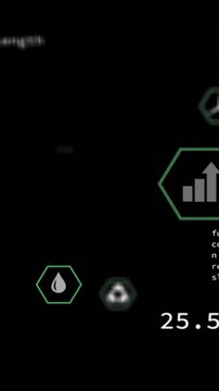 Animation of eco icons and data processing over black background