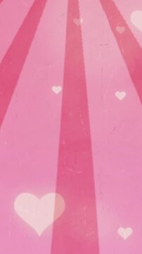 Animation of hearts and glowing spots of light on pink striped background