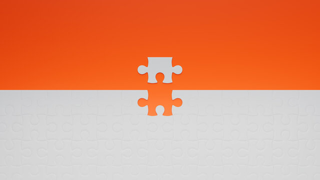 Orange and White Jigsaw Puzzle texture Wallpaper with final piece moving into place. Perfect Fit Concept.