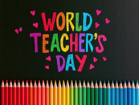 Colorful world teacher's day celebration with colored pencils