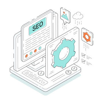 Conceptual isometric design illustration of search engine optimization 