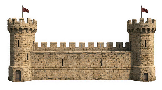 Medieval stone castle wall with two towers and red flags isolated on transparent background