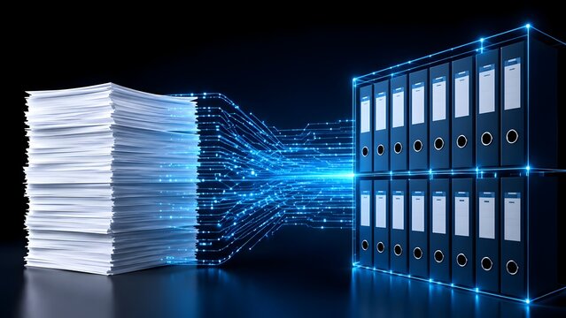 Stack of white paper documents connecting via blue digital circuit lines to organized office file binders representing automated archiving