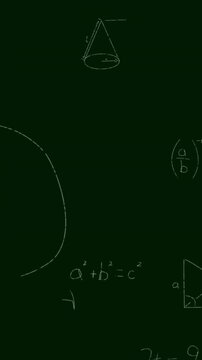 Animation of network of people and media icons over mathematical equations on chalkboard