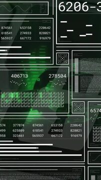 Animation of interface screen charts and processing data over green lights on black