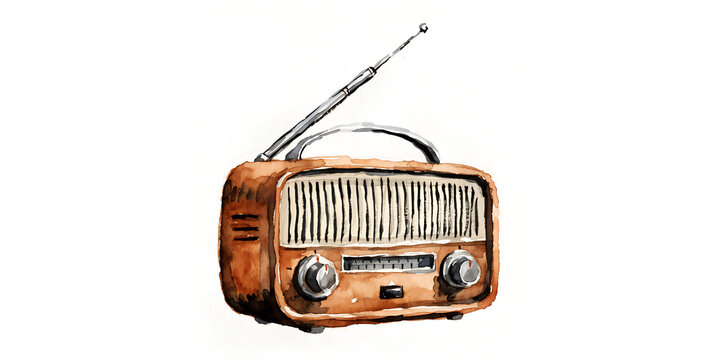 Retro radio, watercolor clipart with isolated background