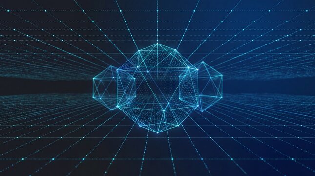 Abstract 3D wireframe polygon cluster with radiating grid lines representing digital technology and data structure