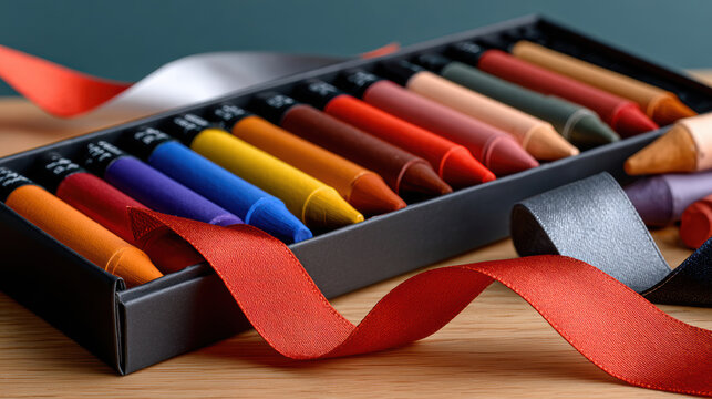 Box of colorful crayons with flowing red ribbon for childhood art supplies flatlay promoting creativity charity campaigns and educational craft projects