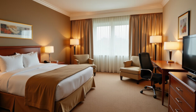 Spacious hotel bedroom interior with king bed, armchairs and warm ambient lighting for hospitality background and hotel room design presentation