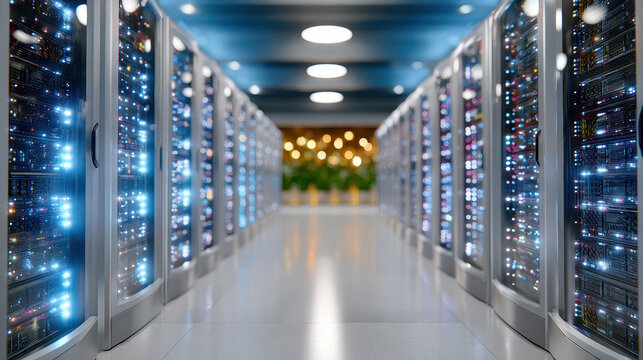 Modern data center server room aisle with illuminated racks and bokeh lights for technology background and network infrastructure design