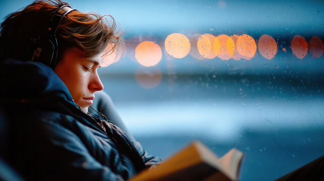 Exhausted traveler in winter jacket resting on journey with headphones and book