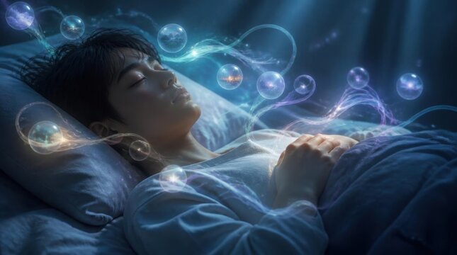 Young man sleeping peacefully in bed with glowing dream bubbles floating around him during nighttime