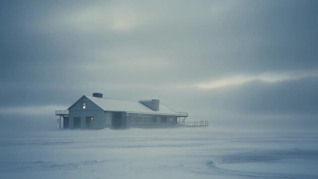 Solitary research building on a vast ice sheet under misty skies