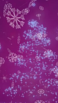 Animation of snow falling christmas tree pattern on purple background