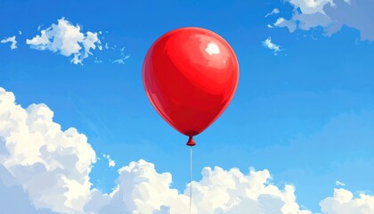 Fototapeta premium Red Hot Air Balloon Floating in the Blue Sky with White Clouds, Colorful Celebration and Party Concept