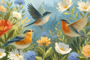 Obraz premium Three bluebirds interacting with a vibrant meadow filled with blooming flowers, depicting spring's arrival and natural beauty