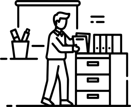 Office employee organizing paper documents and folders in a storage filing cabinet, A minimalist line art depiction of a man standing in an office environment, managing records by putting folders into
