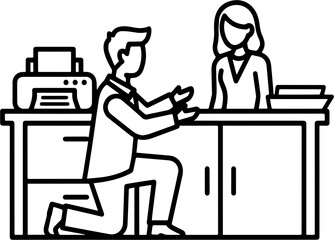 Fototapeta premium Man kneeling on one knee in front of a woman at a reception desk in a workplace setting, A minimalist black line drawing of a man kneeling on one knee in front of a woman standing behind an office des