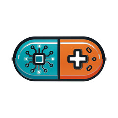 Digital pill with microchip and game controller symbols in teal and orange colors capsule isolated on a transparent background © REZAUL