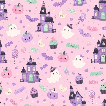 Adorable halloween seamless design showcasing playful ghosts charming cats vibrant pumpkins and delightful candy for festive fun