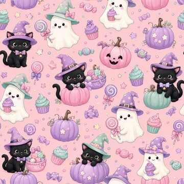 Cute halloween seamless pattern featuring kawaii ghosts black cats pumpkins and halloween candy on a pink background