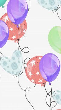 Animation of heart shaped balloons and stars on balloons moving on white background