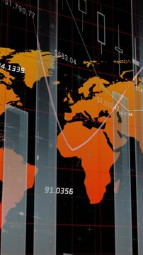 Animation of statistical data processing over world map against black background