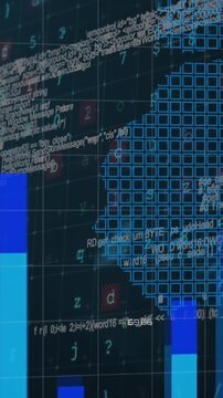 Digital animation of statistical data processing and biometric fingerprint scanner over world map