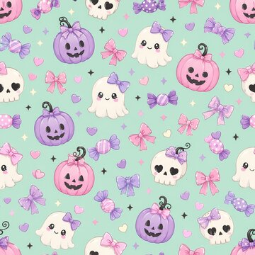 Adorable halloween seamless design featuring playful ghosts pumpkins and charming elements perfect for festive backdrops