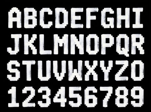 Classic blocky pixel font set featuring capital letters and numerals, ideal for retro design projects and digital art