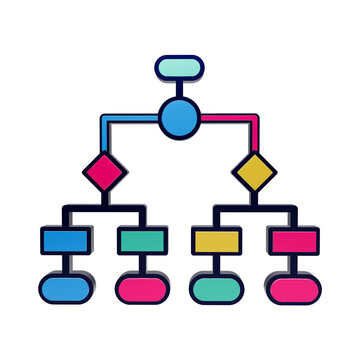Flowchart diagram with colorful geometric shapes, logic process and data structure isolated on a transparent background