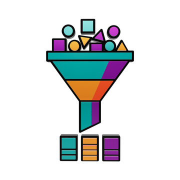 Colorful funnel with geometric shapes sorting into data blocks on a black background filter isolated on a transparent background