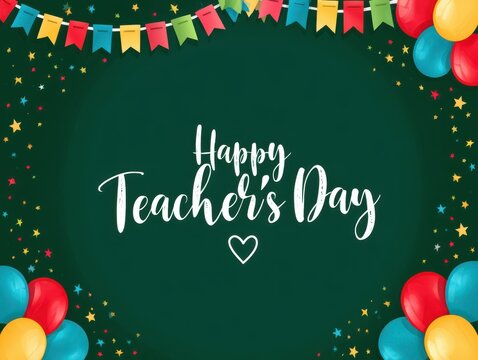 Happy teacher's day celebration with colorful balloons and banners